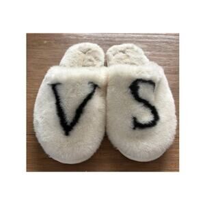 Victoria’s Secret Faux Fur Slippers White Black VS Cozy Slide Slippers Large